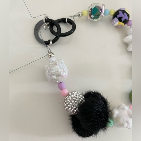 Black & Purple Pom Pom Kitty Beaded Charm Phone Accessory Wristlet with tab - Picture 16 of 17